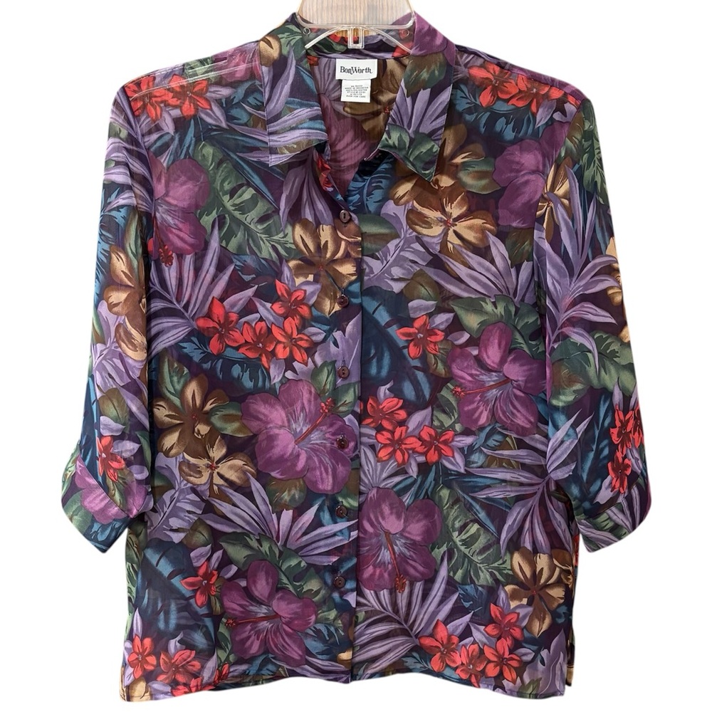 Sheer vintage tropical button down blouse, petite medium